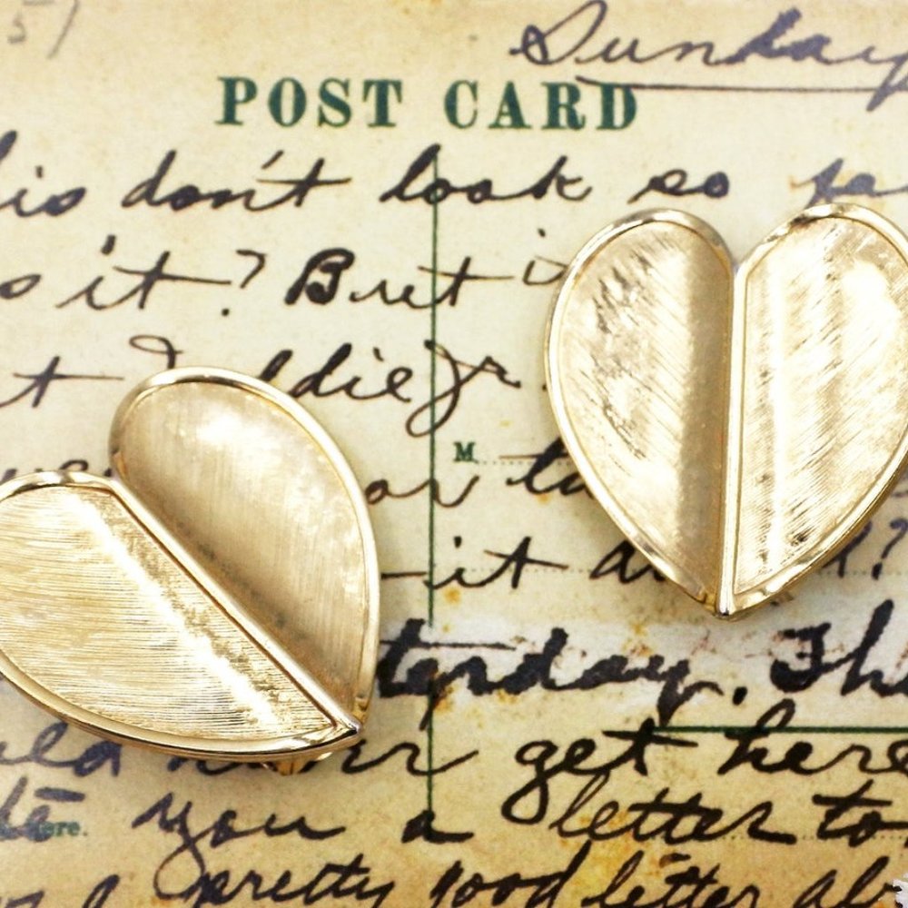 Vintage Large Clip On Gold Tone Heart Earrings
